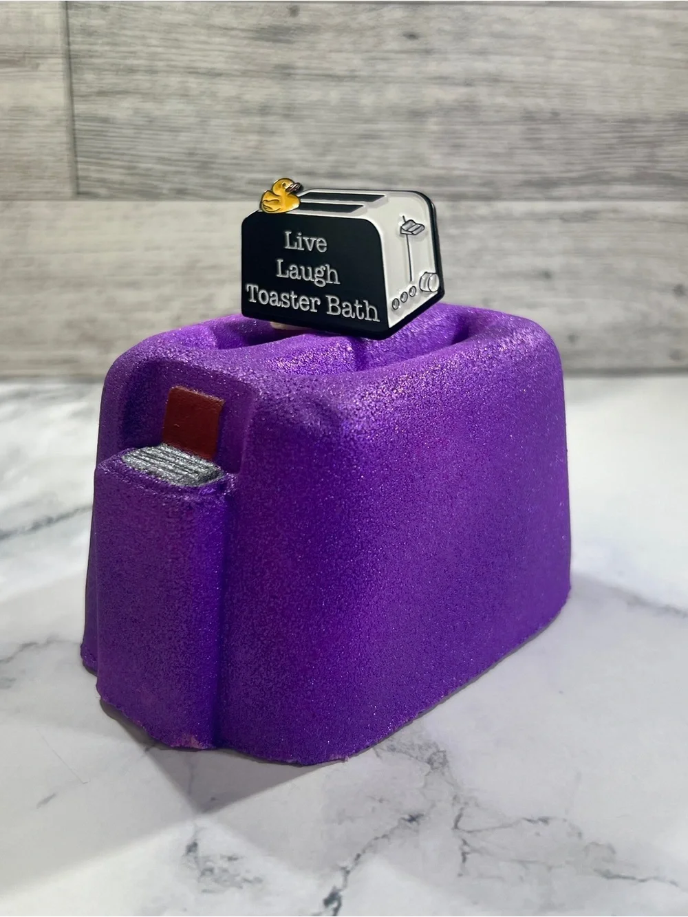 Purple Toaster “Last Bath” Bath Bomb with Keepsake “Live Laugh Toaster Bath” pin